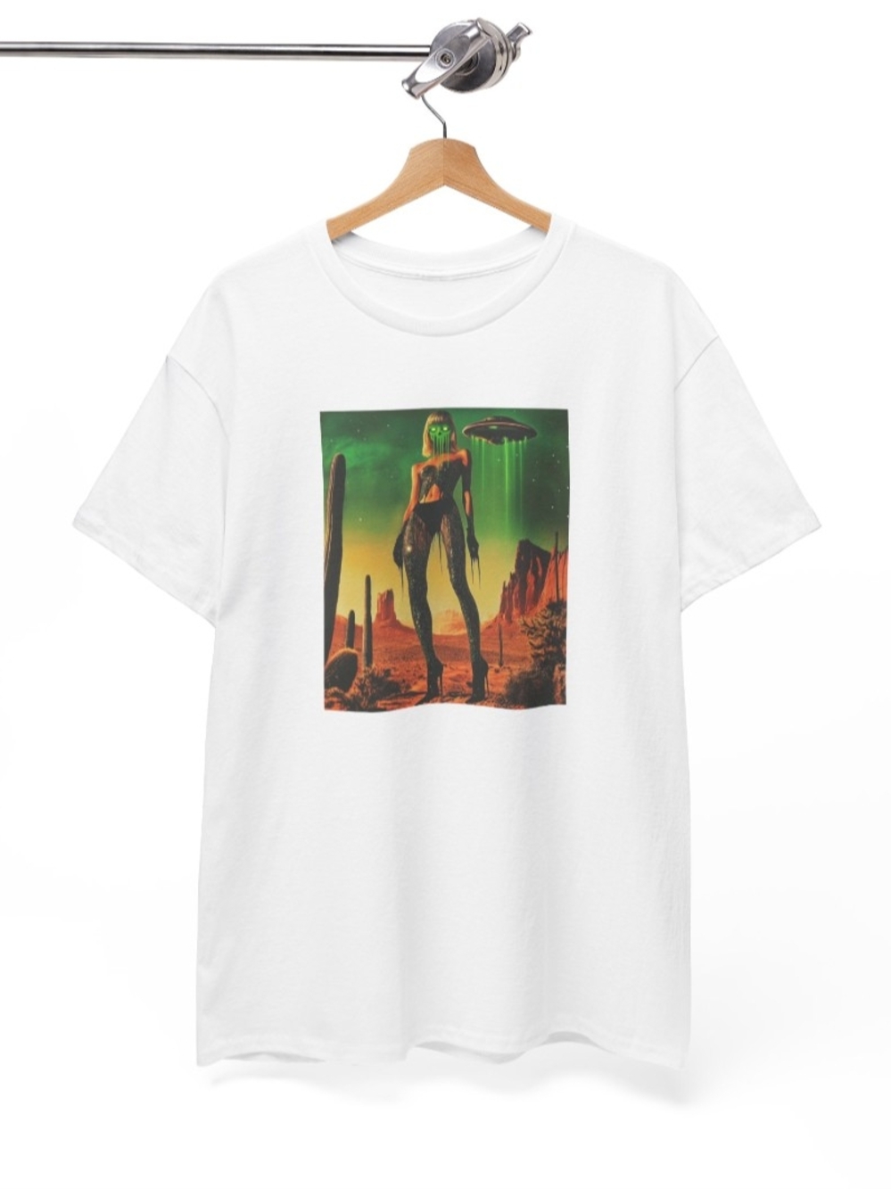 Gildan White Short Sleeve Tee with Neon Green & Orange Alien Desert Graphic